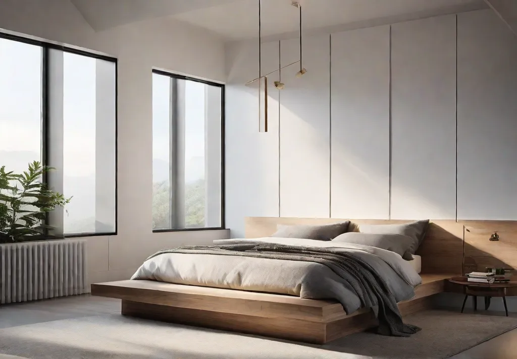 A serene minimalist bedroom featuring a lowprofile bed frame bathed in soft
