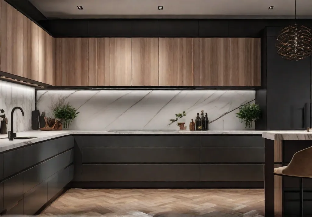 A series of small delicately placed puck lights under kitchen cabinets creating