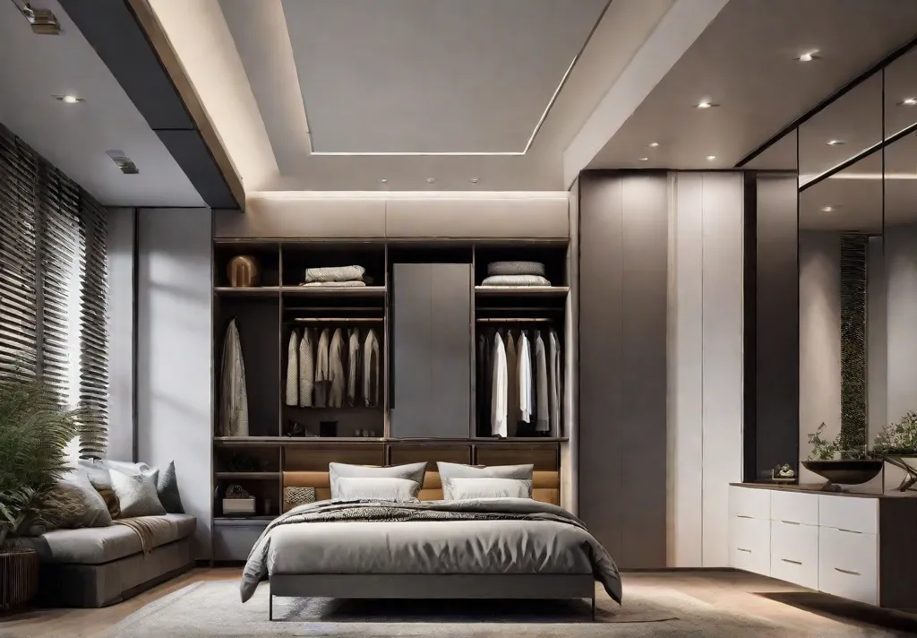 A sleek modern bedroom featuring a platform bed with builtin drawers filled