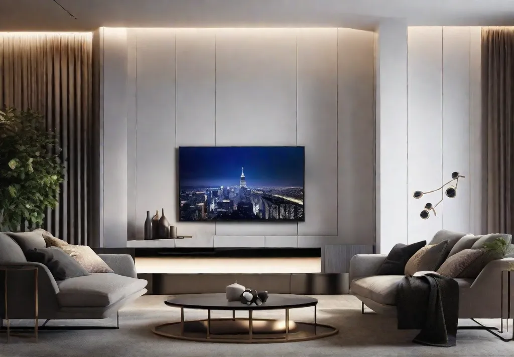 A sleek modern living room at dusk