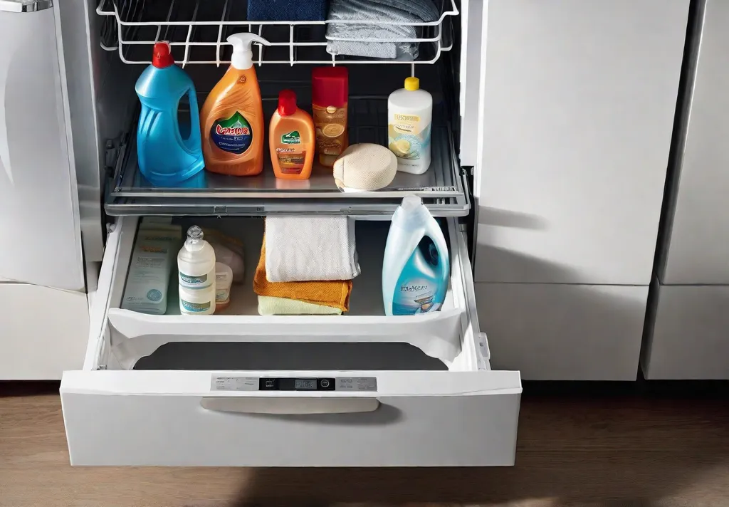 A sleek pullout drawer tucked under a washing machine revealing an organized