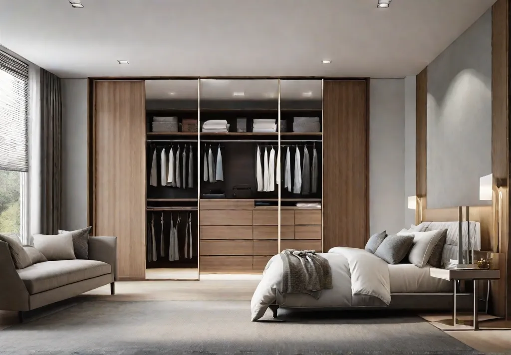A slimprofile wardrobe in a bright airy bedroom its doors open to