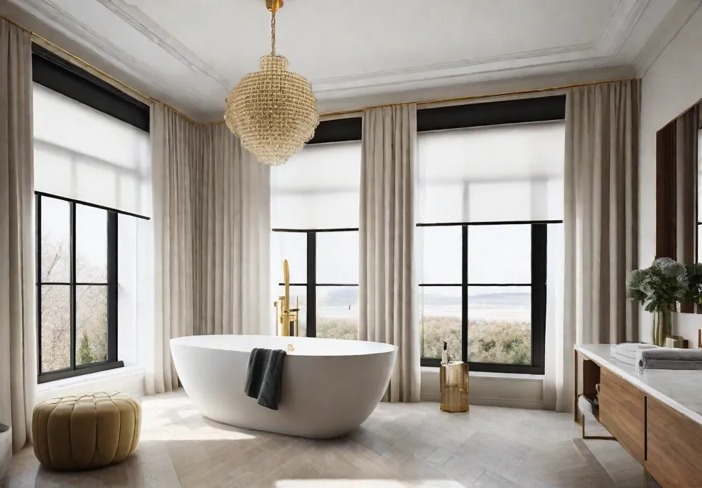A small bathroom with a freestanding bathtub positioned near a large window