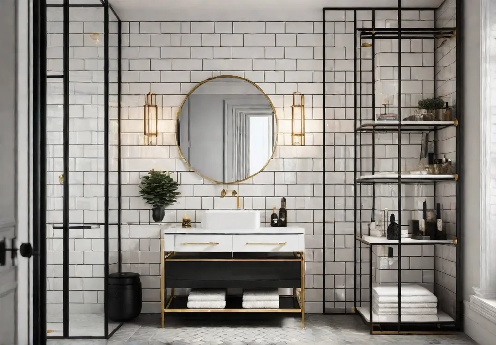 A small bathroom with a large mirror above the vanity