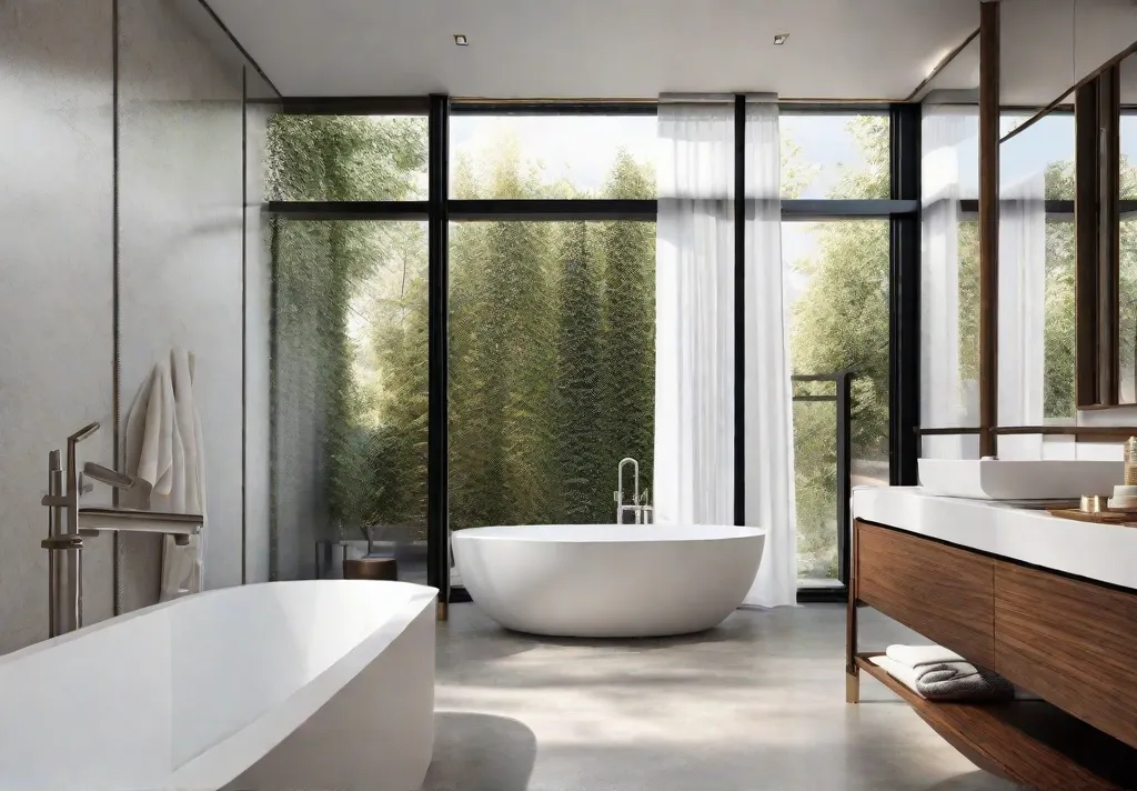 A small bathroom with a large window that lets in natural light