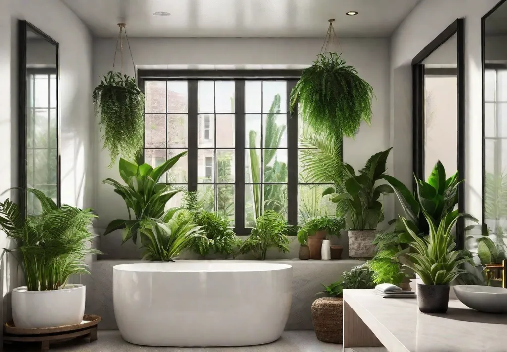A small bathroom with a windowsill filled with various potted plants