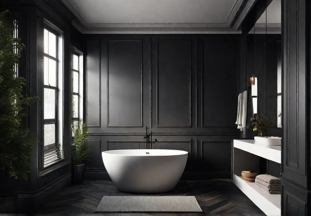 A small bathroom with dark walls and floors