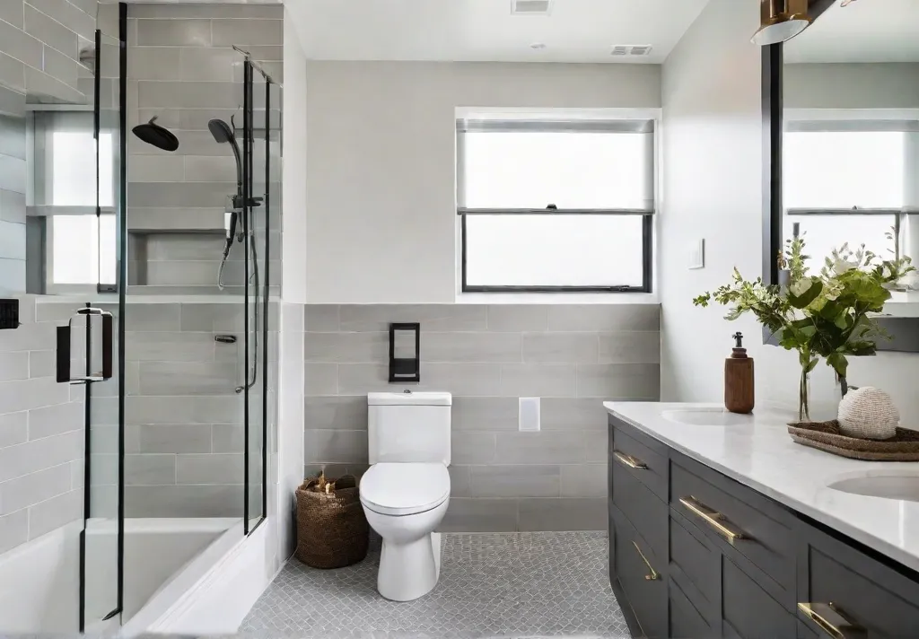 A small bathroom with white walls and a gray tile floor