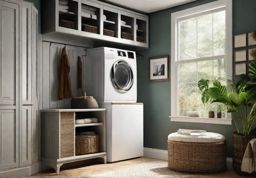 A small laundry room corner turned into a personalized nook featuring framed