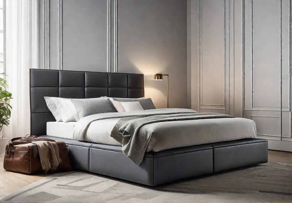 A smart multifunctional piece of furniture in a minimalist bedroom such as