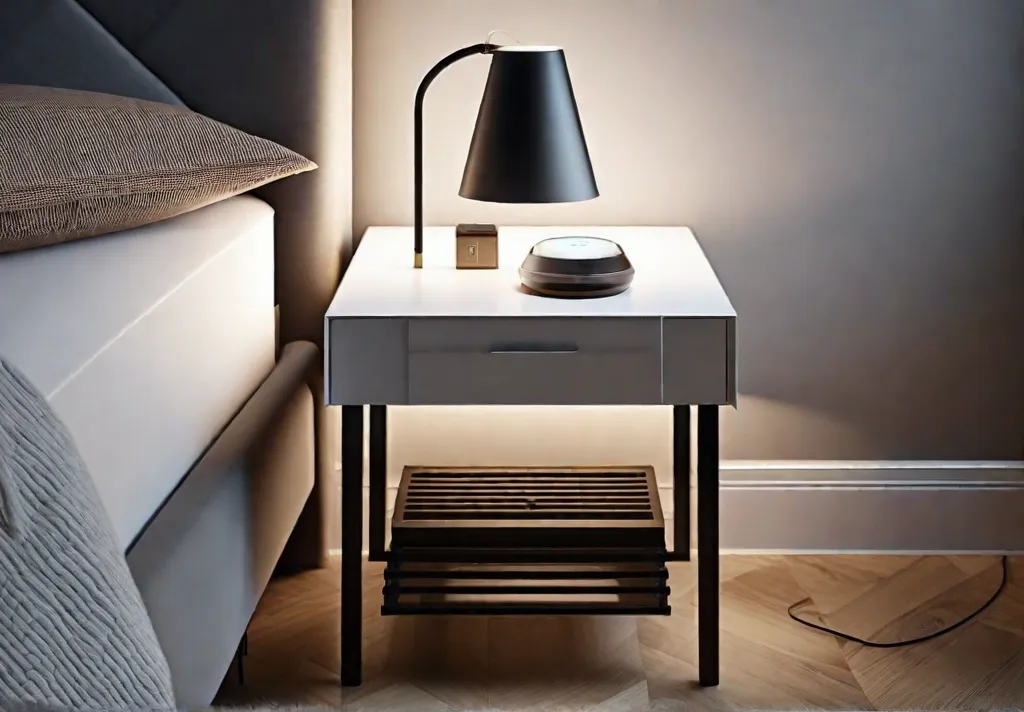 A snapshot of a minimalist nightstand with just the essentials including a