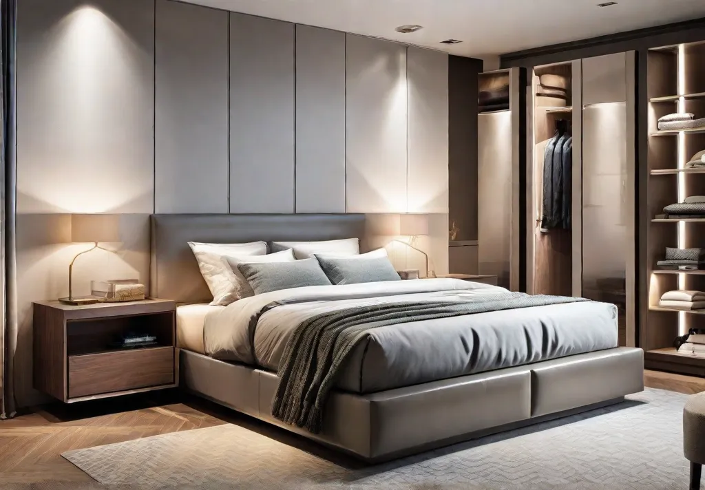 A snapshot of a streamlined bedroom featuring innovative storage solutions under the