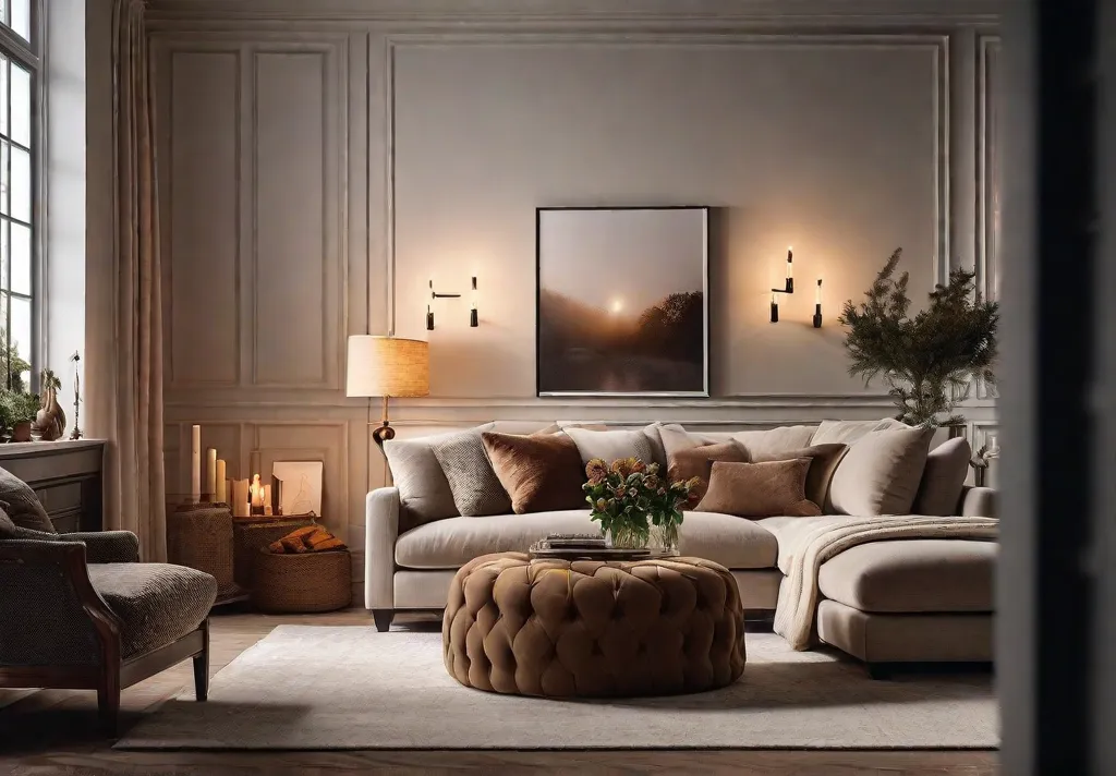 A soft focus image of a cozy living room at dusk