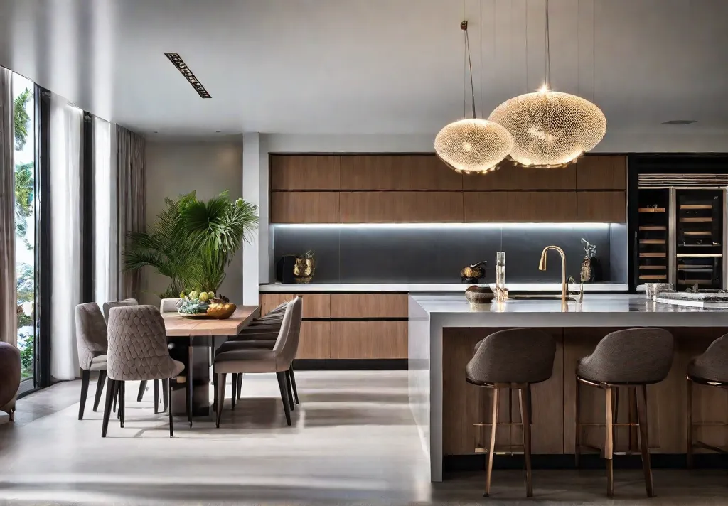 A sophisticated kitchen showcasing layers of lighting from accent LED strip lights