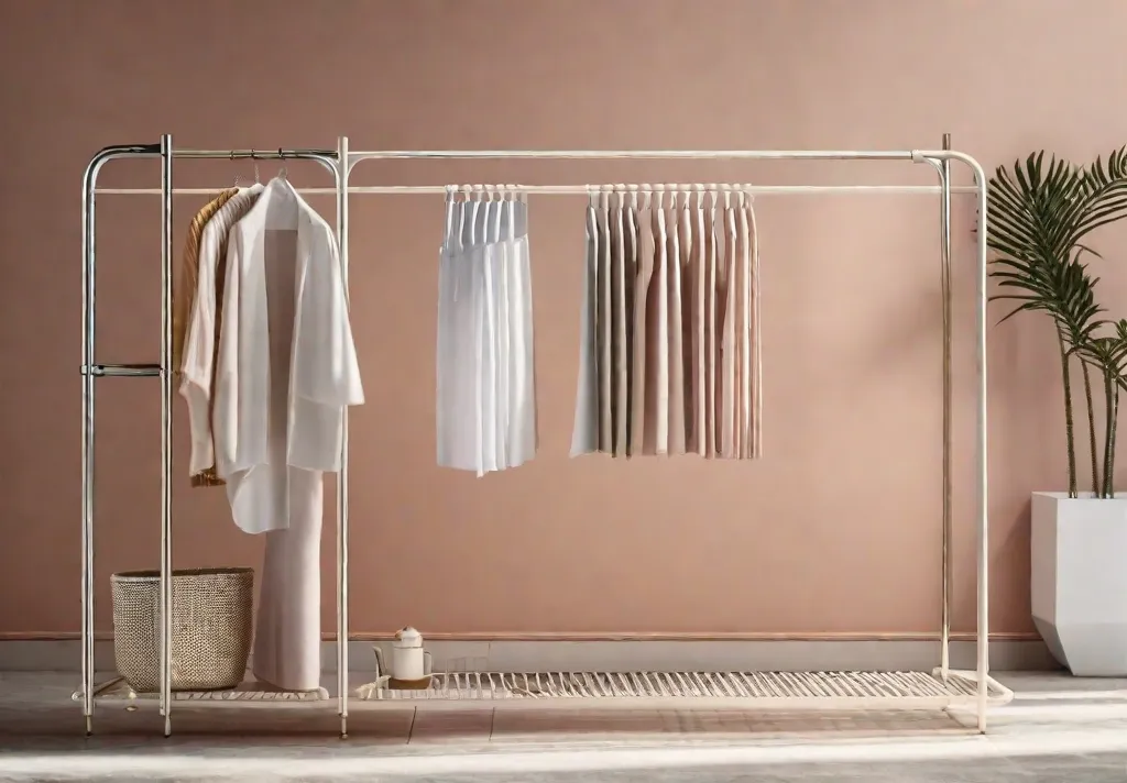 A stylish folddown drying rack mounted against a pastelcolored wall partially extended