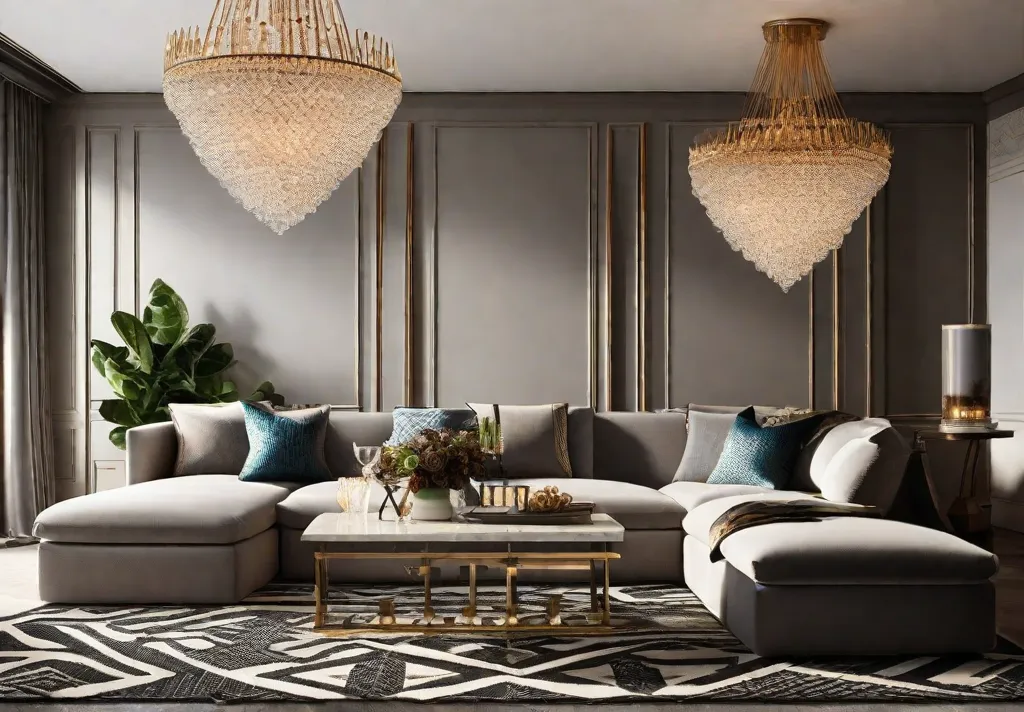 A stylish living room featuring a bold patterned rug
