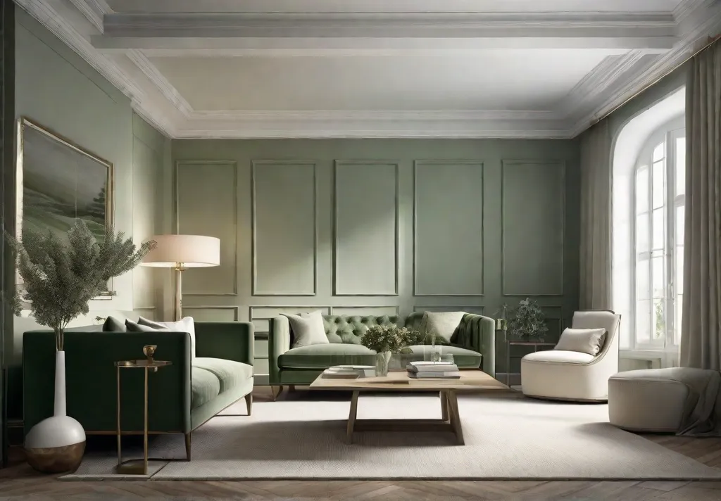 A subtly colored living room with a calming palette of sage green and creamy whites