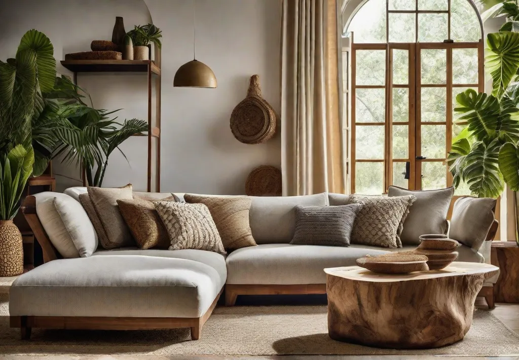 A sustainable living room showcasing furniture made from recycled wood