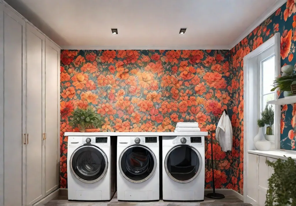 An accent wall covered in vibrant peelandstick floral wallpaper adding a lively