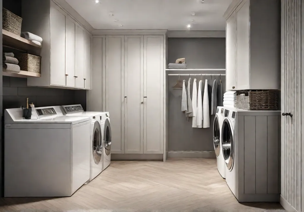 An efficiently organized laundry area featuring a highefficiency compact washing and drying