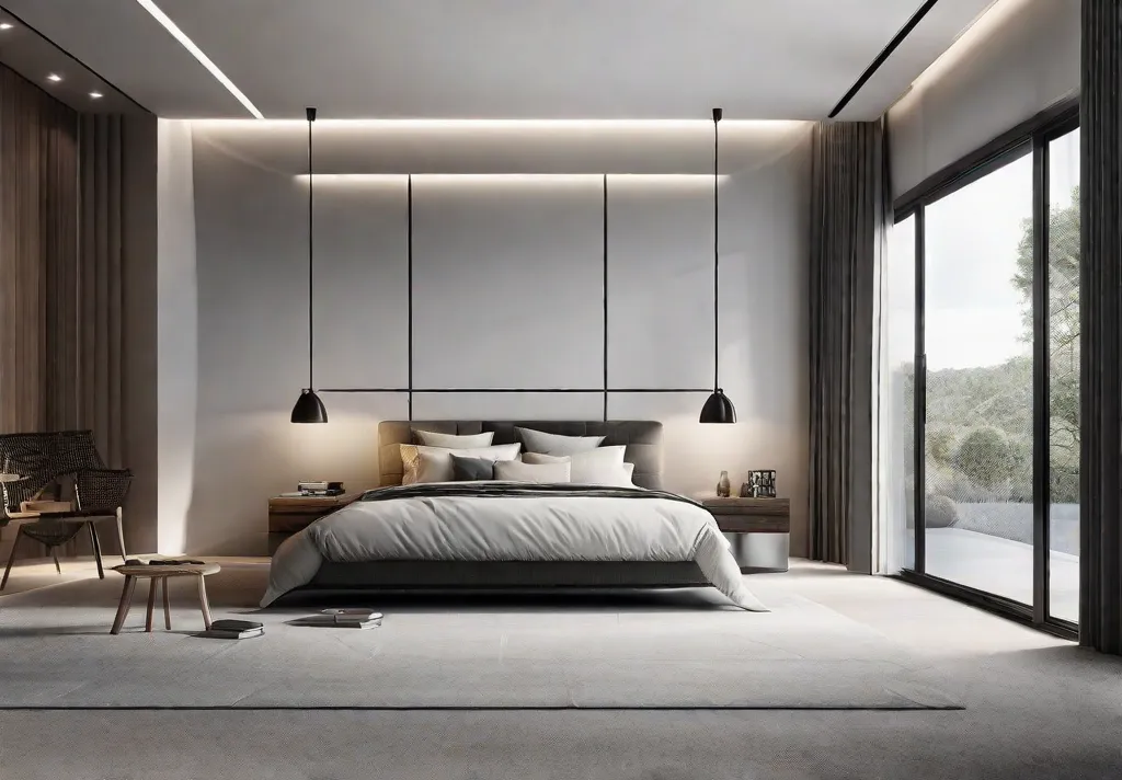 An elegant minimalist bedroom showcasing polished concrete flooring with a simple plush