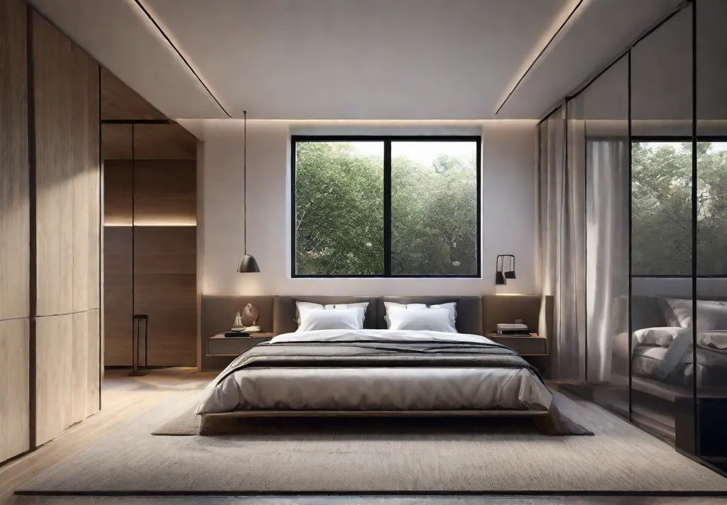 An elevated view of a minimalist bedroom showing the efficient use of