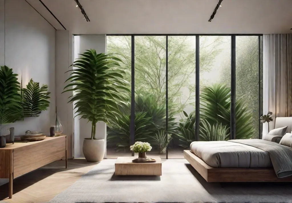 An inviting bedroom highlighting a single large indoor plant adding a touch