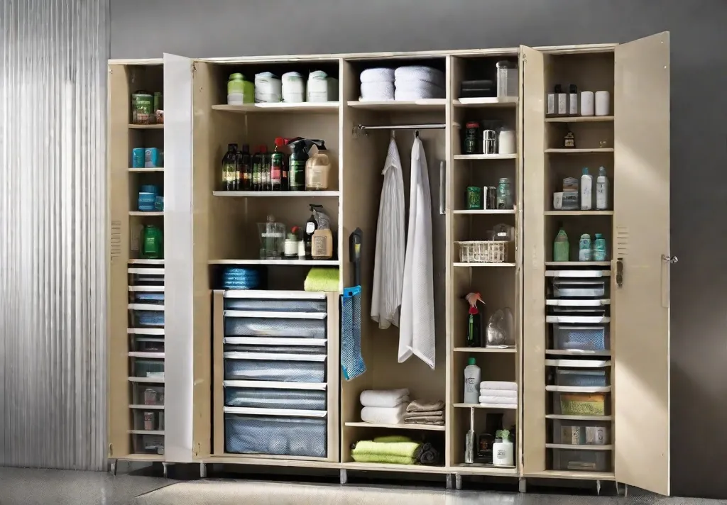 An orderly behindthedoor storage system displaying various cleaning supplies and tools in