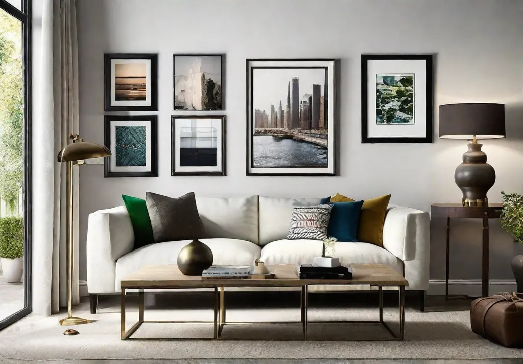 Create a captivating image that showcases a living room with a stunning gallery wall