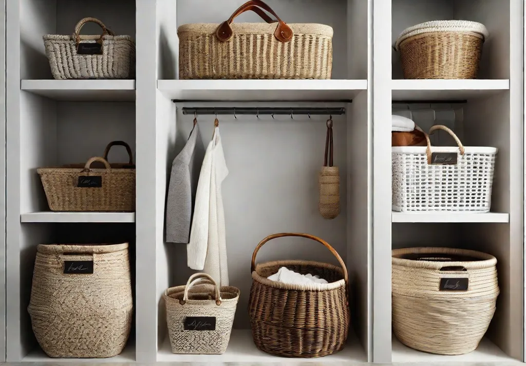 Custom labeled baskets neatly arranged on shelves each tagged with stylish handwritten