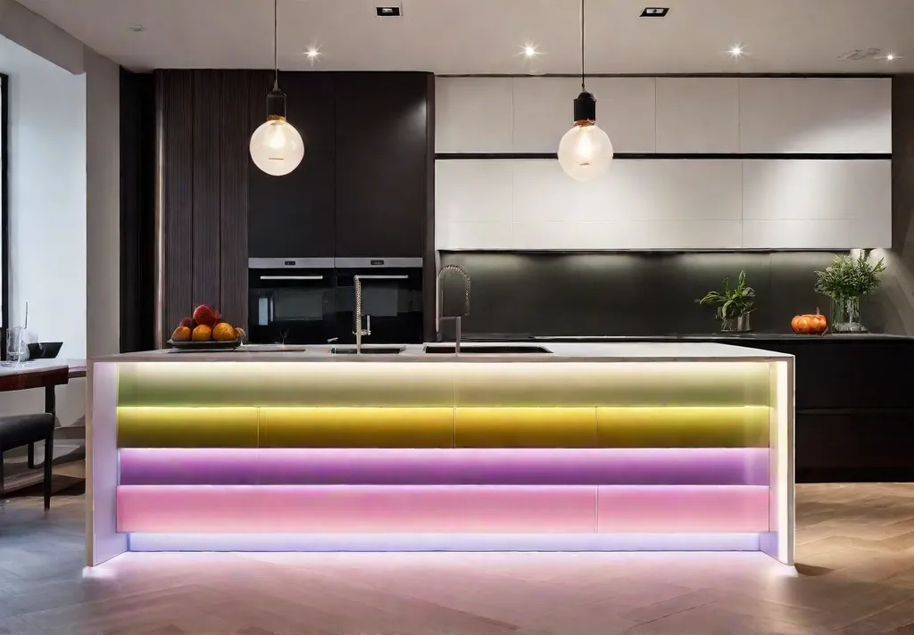 Energyefficient LED strip lighting casting a colorful hue under the edge of