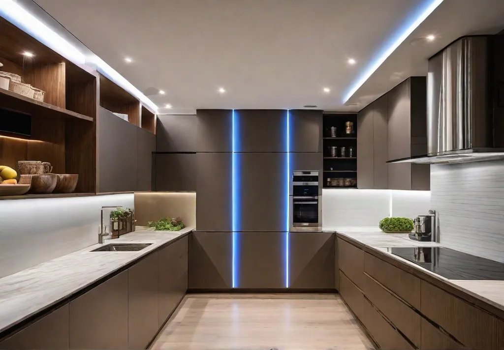 Sleek LED strip lights installed under kitchen cabinets and shelves adding a