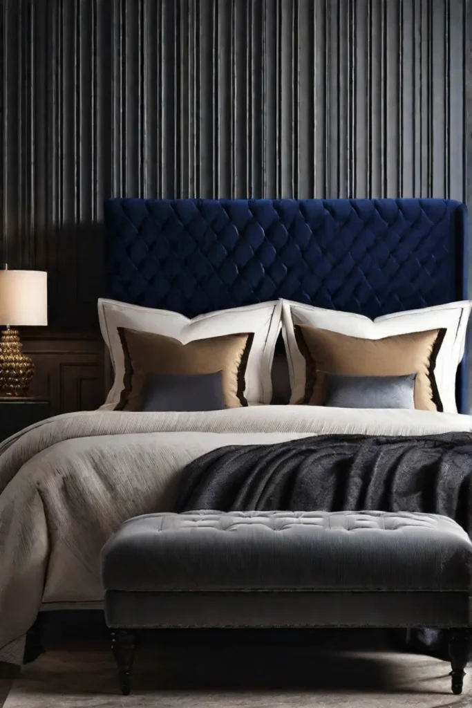 A DIY fabric headboard in a luxuriously textured navy velvet enhancing the