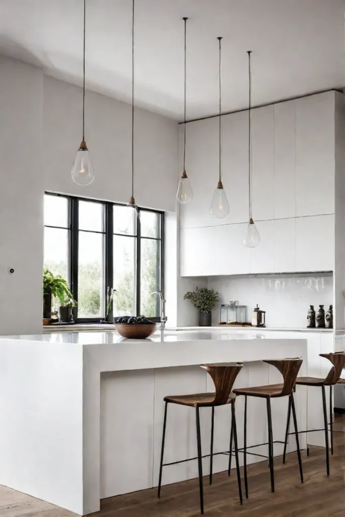 A Scandinavianstyle kitchen with white cabinets light wood accents and a bright