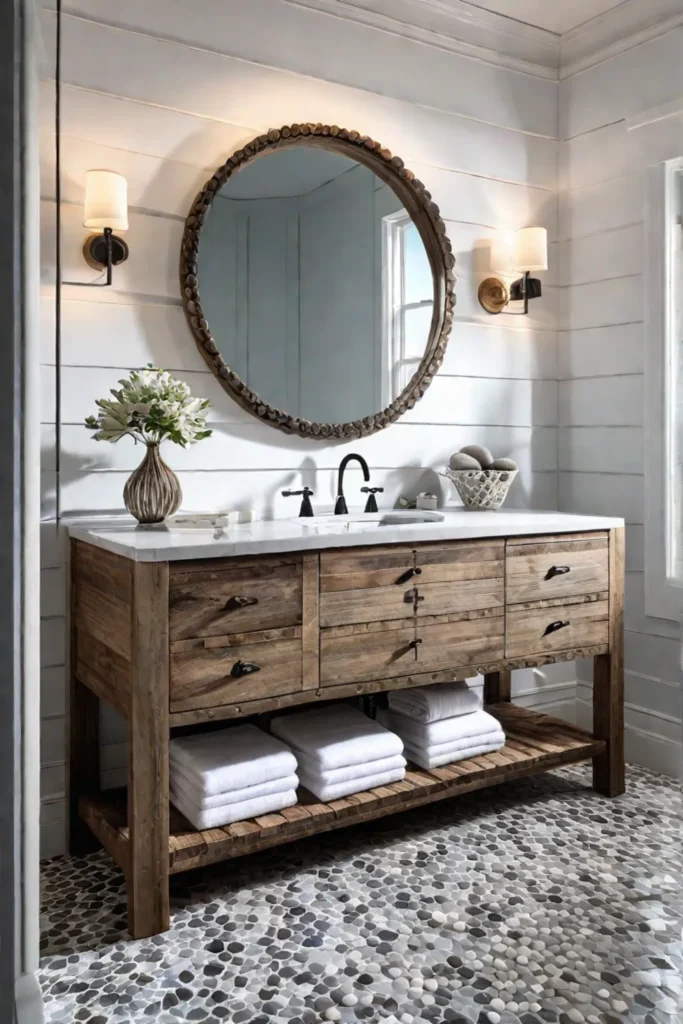 A bathroom with a vanity made from reclaimed wood a shellinspired mirror