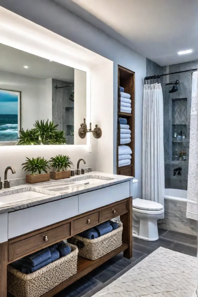 A bright and airy coastal bathroom with a large window a double