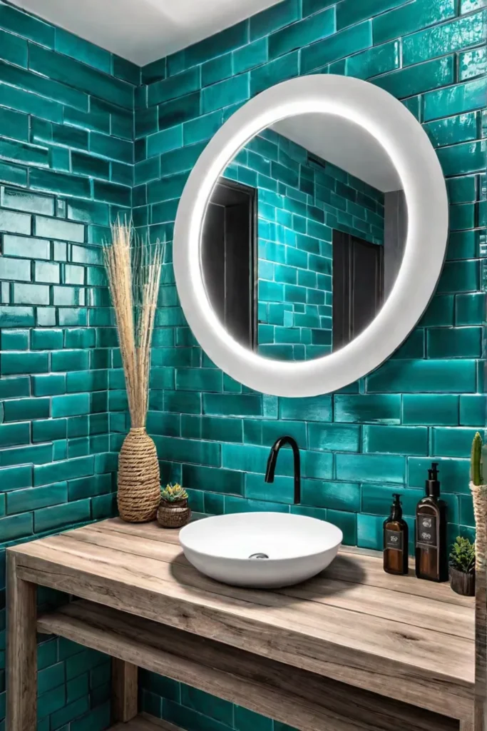 A bright and airy coastal bathroom with vibrant turquoise tiles a driftwoodinspired