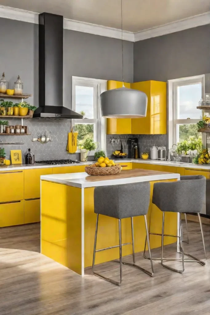 A bright and happy kitchen with yellow walls gray accents and natural