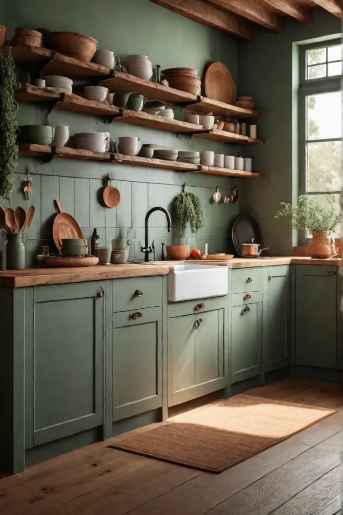 A charming and inviting kitchen with terracotta walls sage green cabinets and