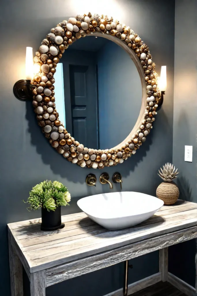 A charming bathroom with a distressed wood vanity a seashelladorned mirror and