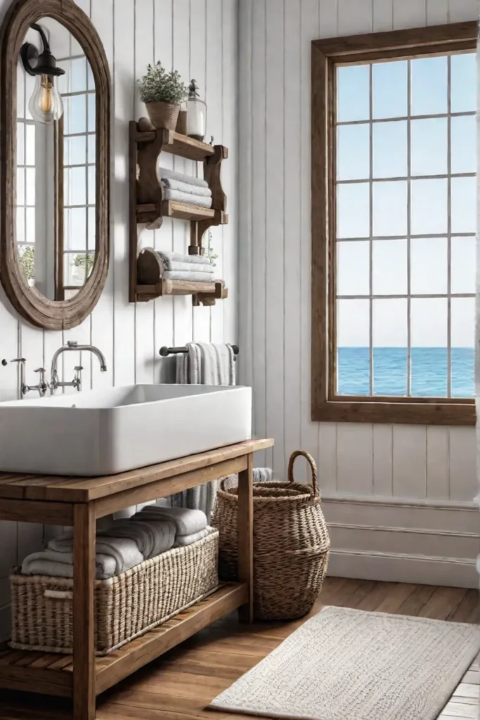 A charming coastal bathroom with natural woven accents a wooden ladder towel