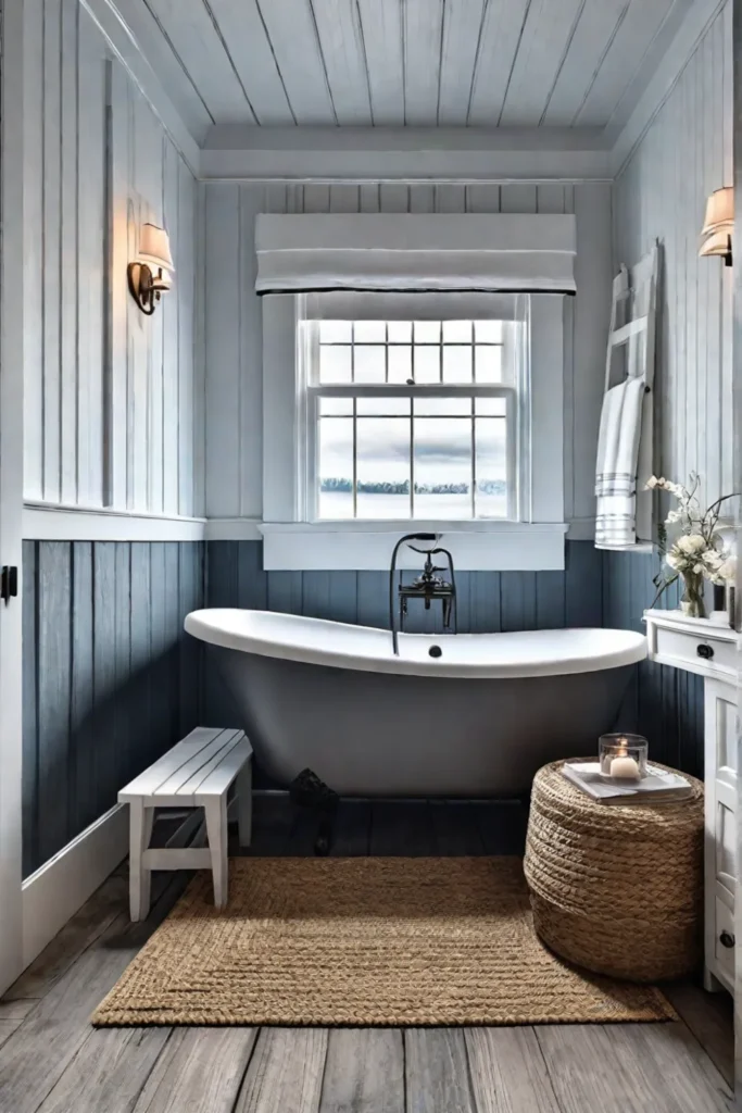 A charming coastal bathroom with shiplap walls a clawfoot tub and a