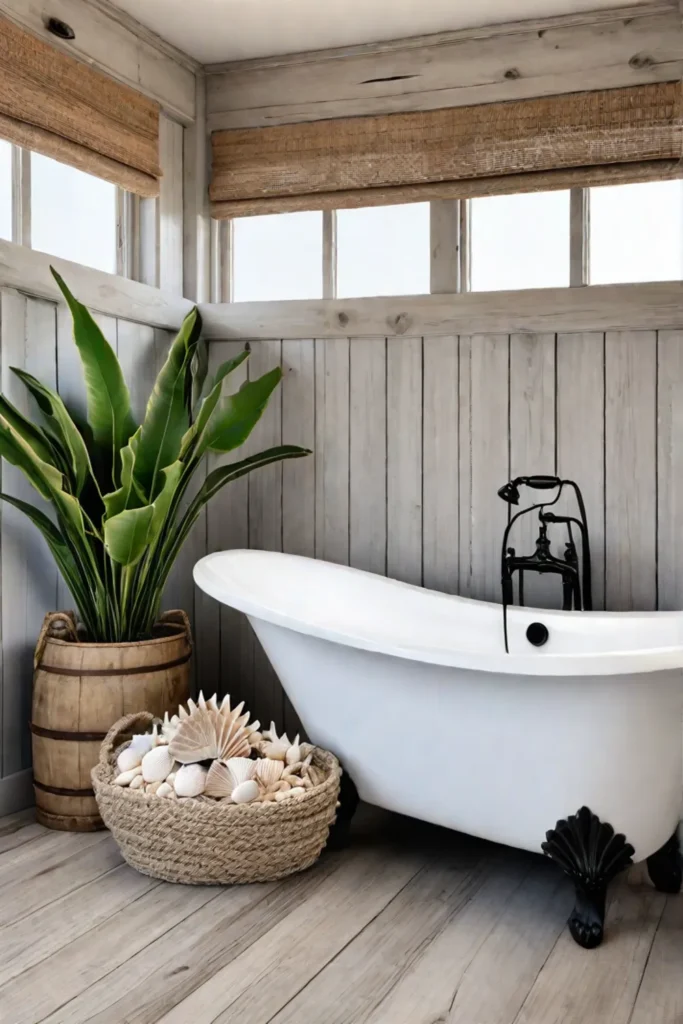 A charming rustic coastal bathroom with shiplap walls a clawfoot tub and