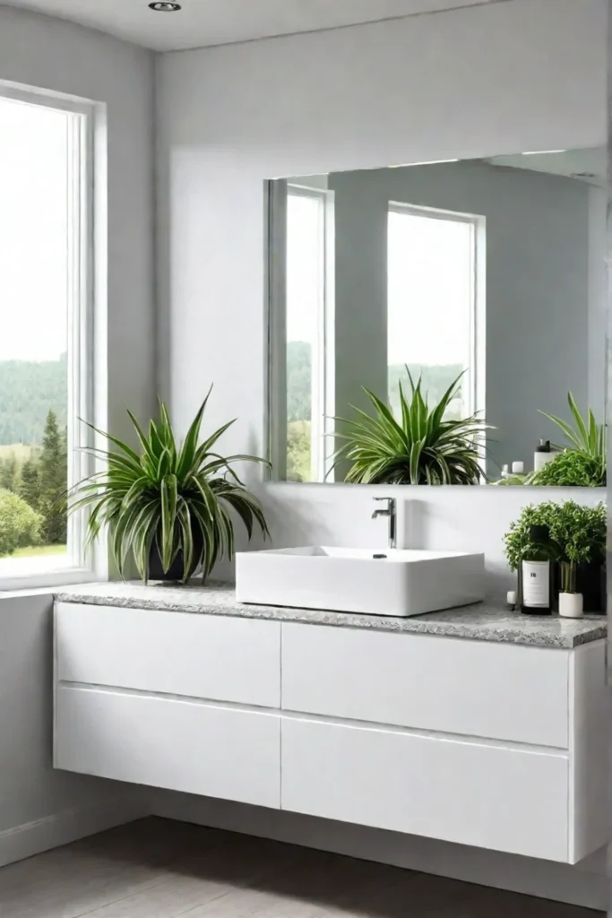 A clean and modern coastal bathroom with a white vanity natural stone