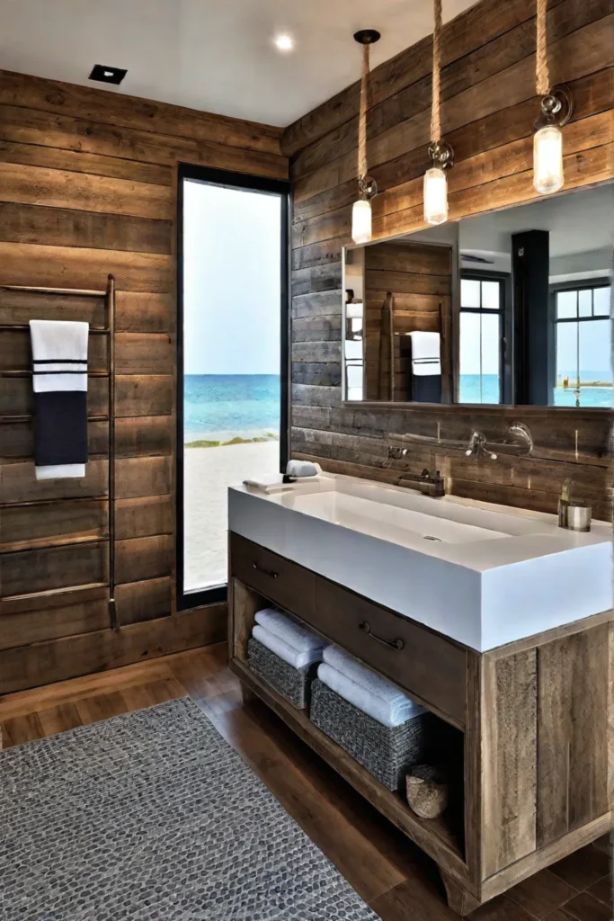 A coastal bathroom featuring a mosaic tile accent wall a ropeframed mirror