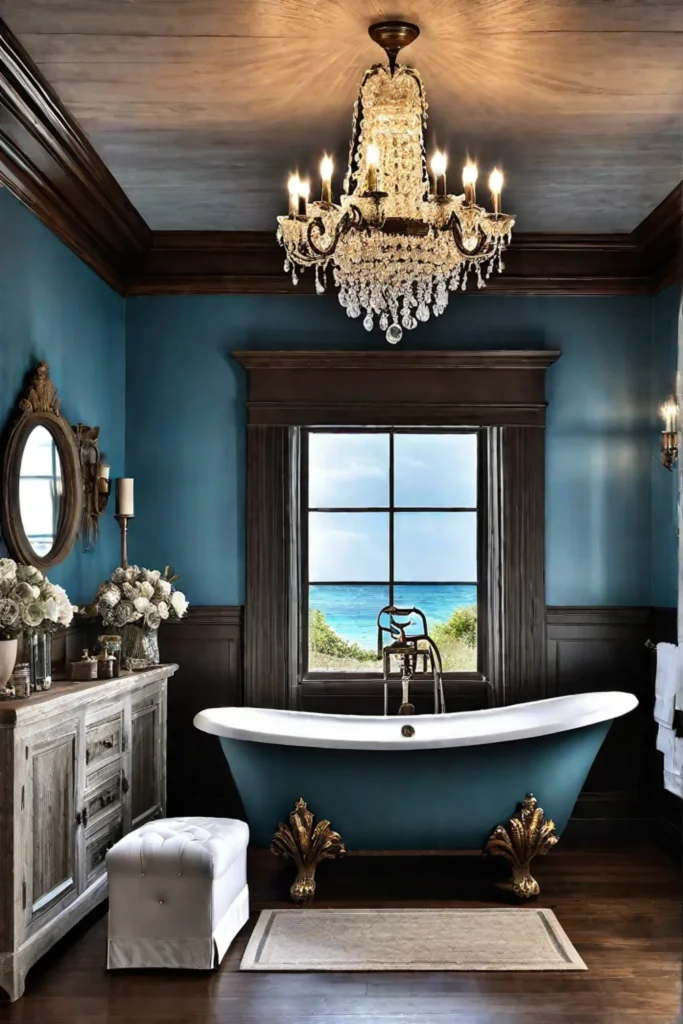 A coastal bathroom with a clawfoot tub a chandelier made from driftwood