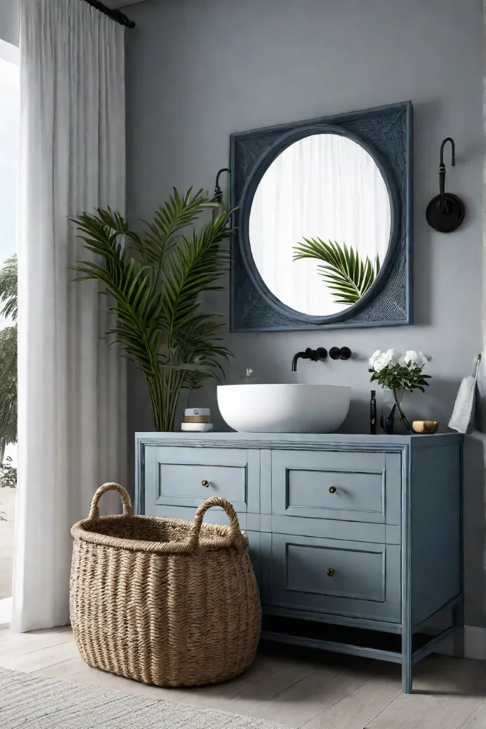 A coastal bathroom with a muted bluegray vanity a ropeaccented mirror and