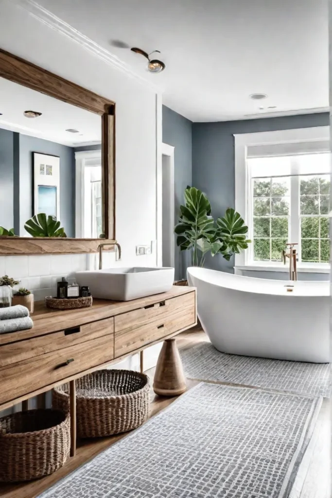 A coastal bathroom with bright white walls a natural wood vanity and