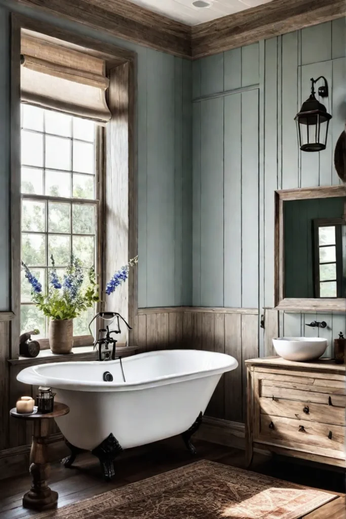 A coastal bathroom with rustic reclaimed wood shelves a vintageinspired light fixture