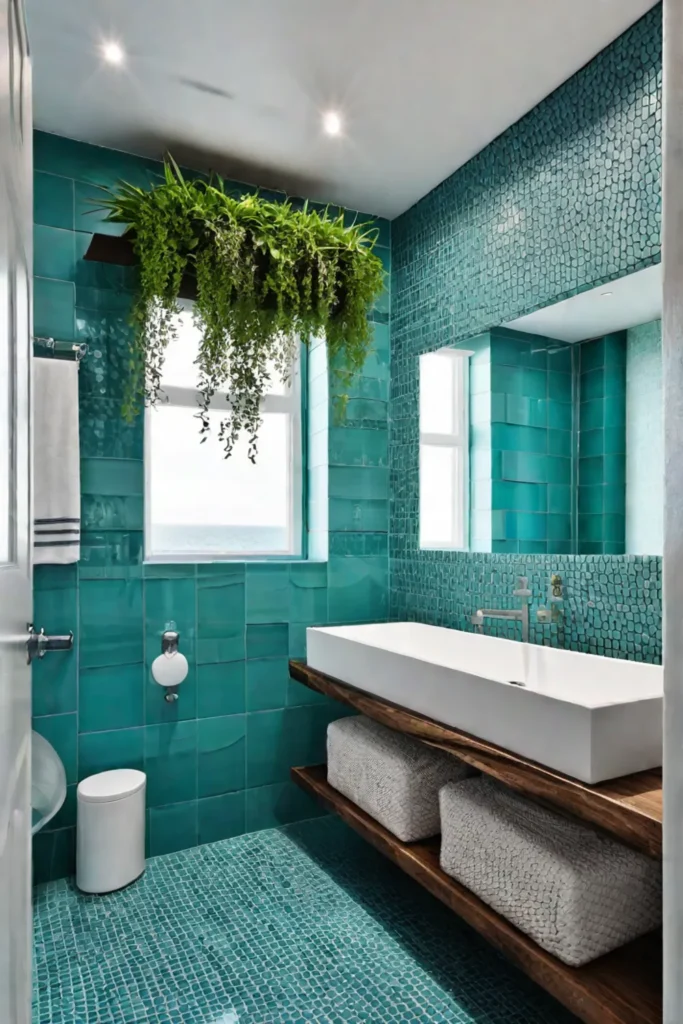 A coastal bathroom with soft bluegreen tiles a driftwoodinspired mirror and a